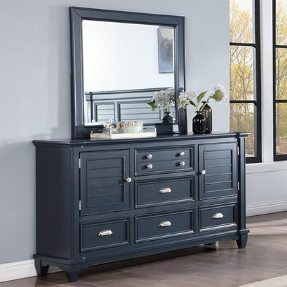 First of a Kind Queen Size Transitional Bedroom Furniture 5 Piece Set in Slate Blue - Panel Headboard Molding Footboard Storage Drawers Nickel Hardware, Bed, Dresser, Mirror, Nightstand & Chest