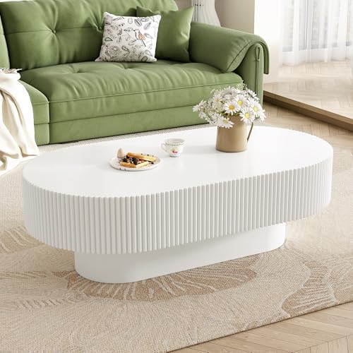 Merax Modern Fluted 43.3" W Oval Coffee Table for Living Room, White
