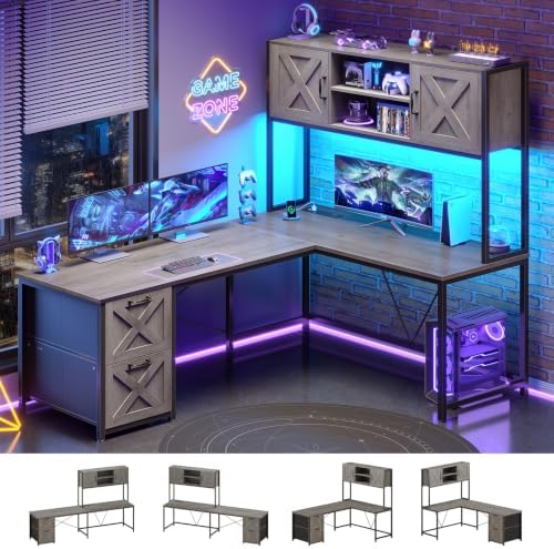 SEDETA Reversible Farmhouse L Shaped Gaming Desk with Drawers, Hutch