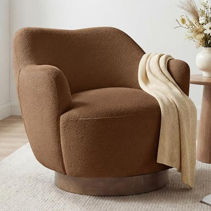 Swivel Accent Chair with Curved Arms, Wooden Base, Terracotta, Set of 2