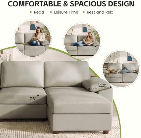 139.2''Oversized V Shaped Faux Leather Modular Sectional Couch, Greige