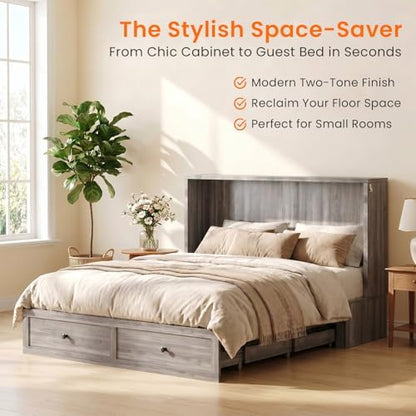 ijuicy Queen Murphy Bed Cabinet with Drawer & Charging Station,Grey