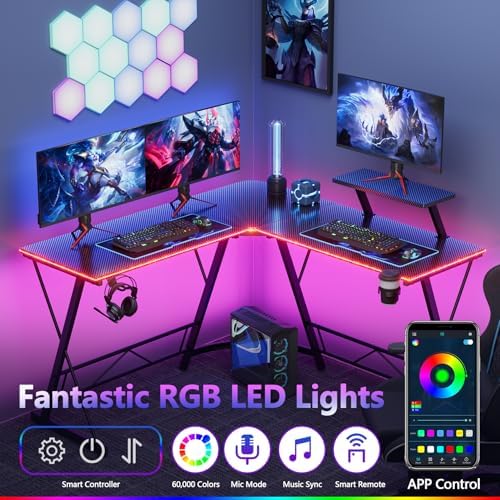 Mr IRONSTONE Gaming Desk with LED Lights, L Shaped Desk Corner with Cup Holder & Headphone Hook, Computer Desk Home Office Desks with Large Monitor Stand, Carbon Fiber Surface, Black 51 Inch