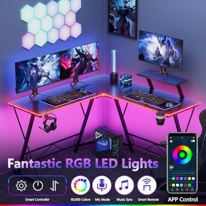 Mr IRONSTONE Gaming Desk with LED Lights, L Shaped Desk Corner with Cup Holder & Headphone Hook, Computer Desk Home Office Desks with Large Monitor Stand, Carbon Fiber Surface, Black 51 Inch