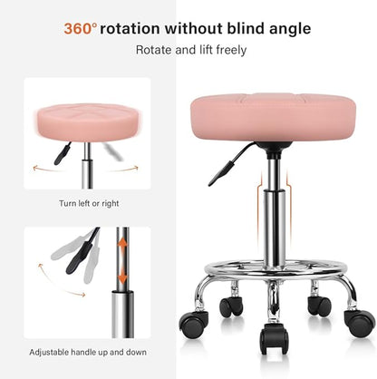KKTONER Round Rolling Stool Chair PU Leather Height Adjustable Swivel Drafting Work SPA Shop Salon Stools with Wheels Office Chair Small (Pink)