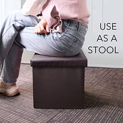 LotFancy Storage Ottoman Cube, Brown Foot Stool Ottoman,13x12x12 inch Square Ottoman with Lid, Faux Leather Seat for Dorm