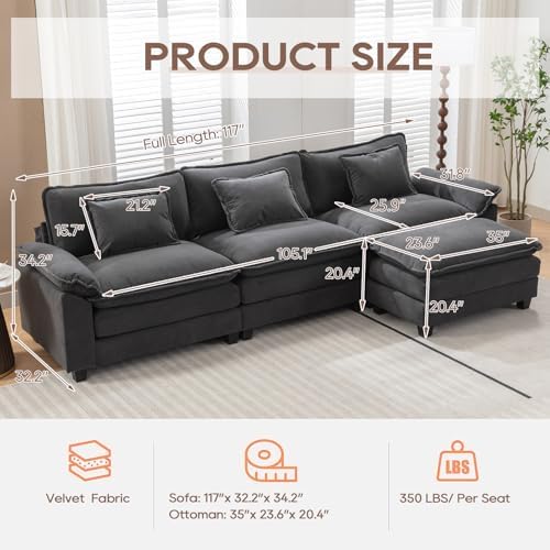 IPKIG 117" Modular Sectional Cloud Couch, Modern L-Shaped Sofa with Ottoman