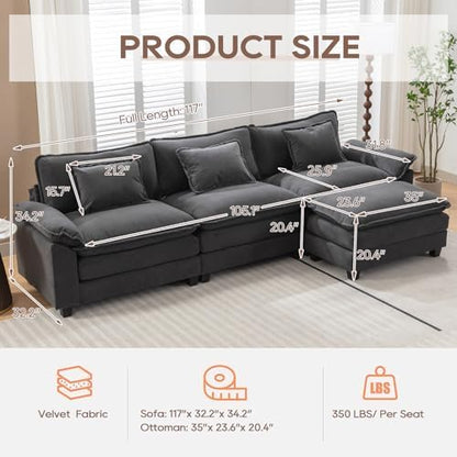 IPKIG 117" Modular Sectional Cloud Couch, Modern L-Shaped Sofa with Ottoman