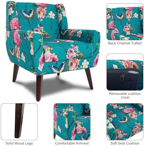 Mid Century Modern Button Tufted Blue Patterned Set of 2 Accent Armchair