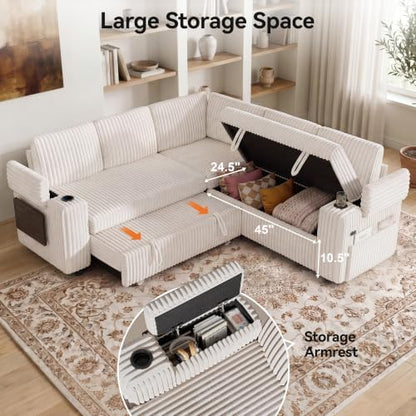 Modular Sectional Sleeper Sofa with Pull Out Bed, 86”L Shaped, Ivory