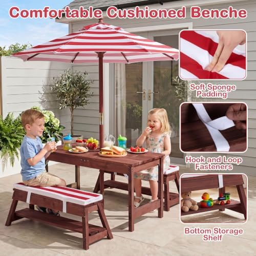 Costzon 4-in-1 Kids Picnic Table with Umbrella, Sand & Water Sensory Bins