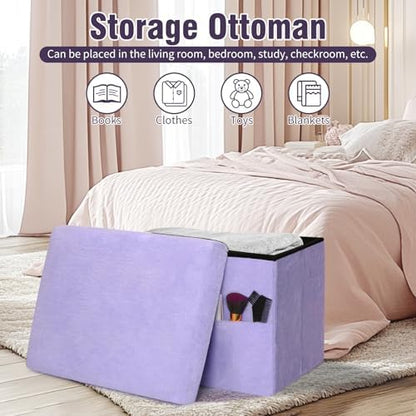 Storage Ottoman, Folding Fur Ottoman with Thicker Foam Padded Seat, Purple