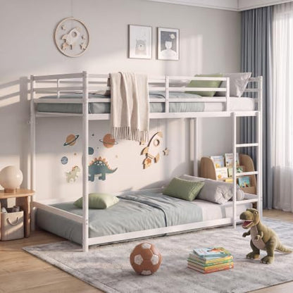 Floor Bunk Bed Twin Over Twin, Metal Twin Size Bed Frame with Ladder & Safety Guardrails for Boys Girls, Space Saving Design, No Box Spring Needed, White