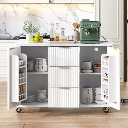 Merax 55.5" Fluted Kitchen Island with Drop Leaf, Power Outlet,Kitchen Grill Cart Island with Storage-6 Door Shelves,Adjustable Shelves,Faux Marble Top,Curved Edge for Kitchen,White