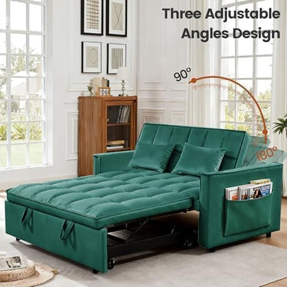 3 in 1 Convertible Sofa Bed, Velvet Fabric Loveseat Sleeper Sofa with Side Pockets, Pull Out Couch with Adjustable Backrest for Living Room, Small Spaces, Bedroom, Apartment, Green