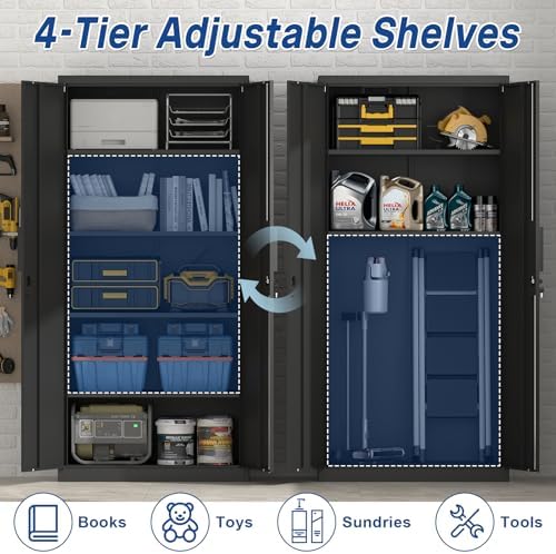72''H Garage Storage Cabinet with Lock, 18'' Deep Metal Storage Cabinets with Doors and 4 Adjustable Shelves, Steel Locking Cabinet, Tool Cabinet for Laundry Room, Garage, Home Office, Black