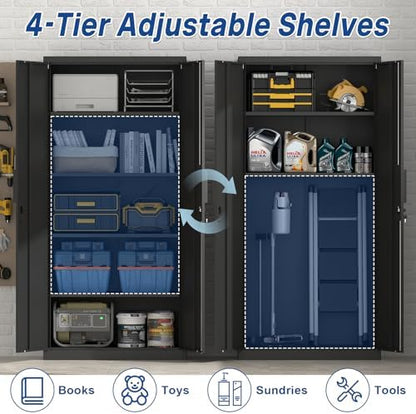 72''H Garage Storage Cabinet with Lock, 18'' Deep Metal Storage Cabinets with Doors and 4 Adjustable Shelves, Steel Locking Cabinet, Tool Cabinet for Laundry Room, Garage, Home Office, Black