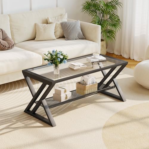 Wolawu Glass Coffee Table Black Table Living Room Table with Storage Shelf