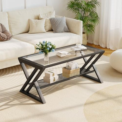 Wolawu Glass Coffee Table Black Table Living Room Table with Storage Shelf