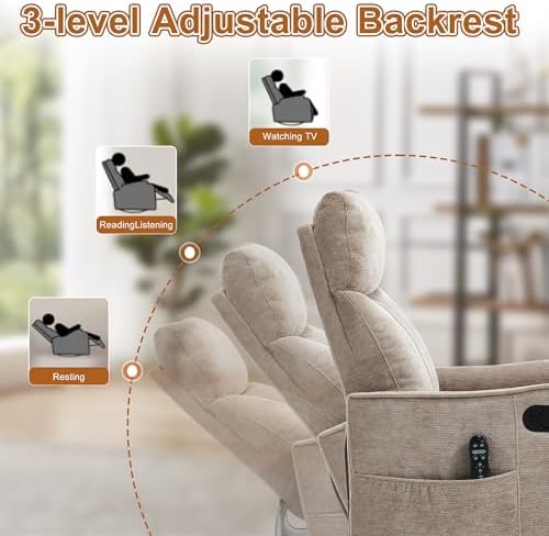 Manual Swivel Rocker Recliner Chair for Adults, Overstuffed Glider Chair for Nursery with Massage and Heat, Living Room Reclining Chair, Fabric Khaqi