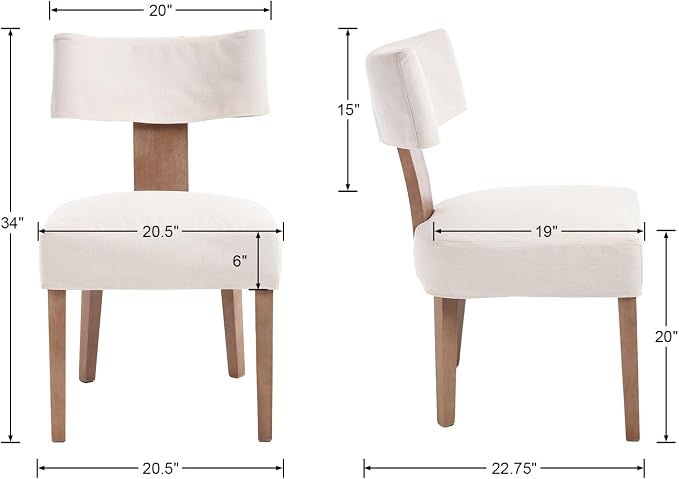 HNY Mid Century Modern Dining Chairs Set of 2 with Seat Covers, Farmhouse Linen Fabric Upholstered Accent Chairs Curved Backrest Kitchen Chairs, with Hardwood Frame, Beige