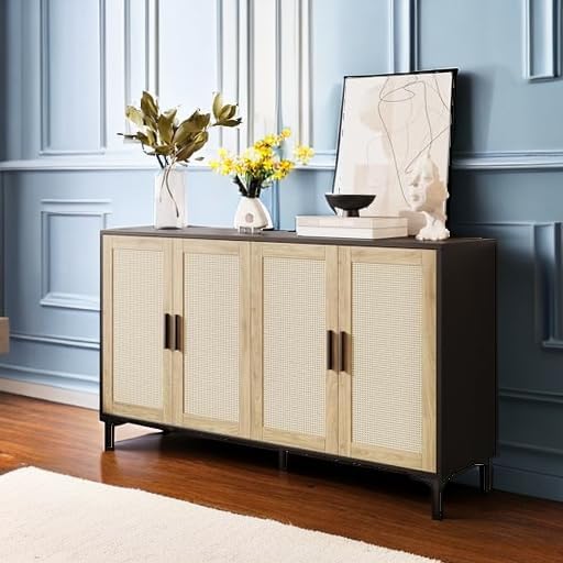 JASIWAY Sideboard Buffet Cabinet with Storage, 48" Rattan Coffee Bar | Credenza Storage Cabinet With Doors and Shelves, Black Rattan Cabinet for Dining Room, Entryway and Living Room, Anti-Tip