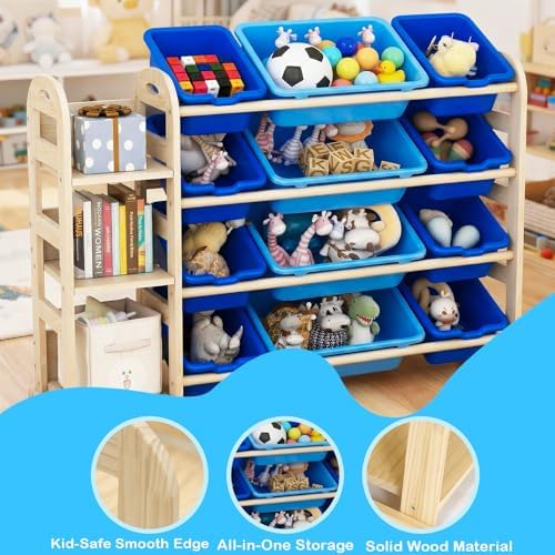 Toy Storage Organizer with Bookshelf, Wooden Toy Organizers with 3 Shelves 12 Storage Bins, Kids Bin Shelf Toys Box Bookcase for Playroom Bedroom Organization, Blue