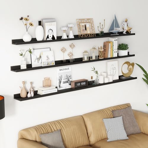 Picture Ledge Shelf, 72 Inch Black Floating Shelves Set of 3