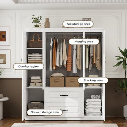 Large Capacity Wardrobe Closet with 2 Drawers White