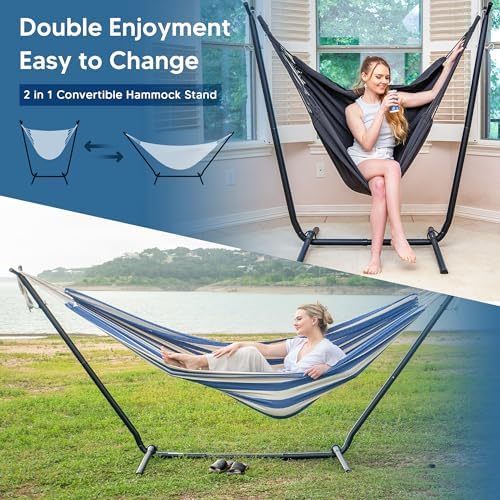 SUNCREAT 2-in-1 Convertible Hammock with Stand, Blue White Stripe