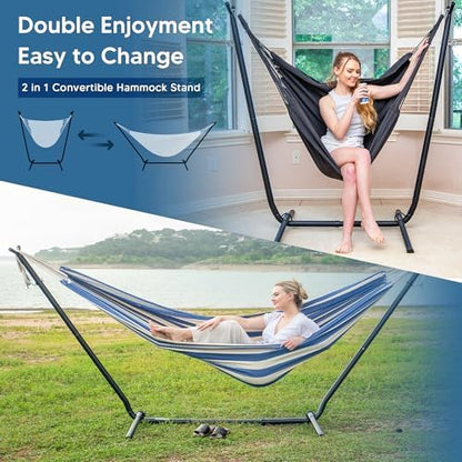 SUNCREAT 2-in-1 Convertible Hammock with Stand, Blue White Stripe