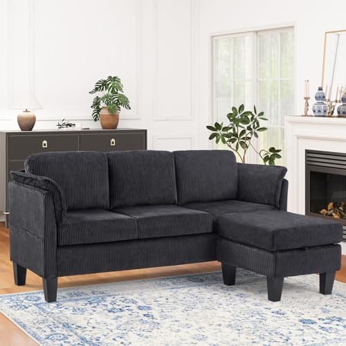 Modern Convertible L Shaped Sofa with Reversible Chaise,3-Seater Corduroy Couch with Storage Movable Ottoman, Sectional Couches for Small Spaces, Living Room, Apartment, Black