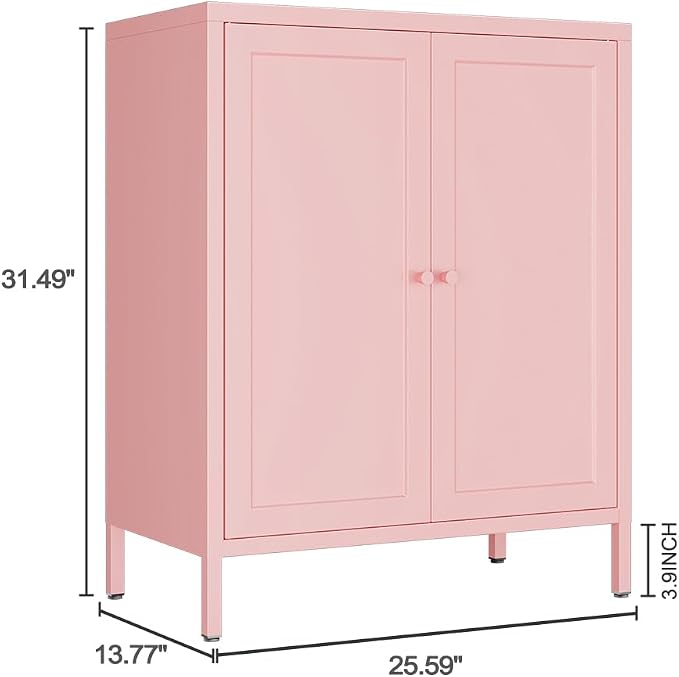 Metal Accent Storage Cabinet for Home,LivingRoom, Office,Kitchen- Metal Locker Cabinet with 1 Adjustable Shelves-Bathroom Floor Storage Cabinet Freestanding Organizer(Square Door, Pink)