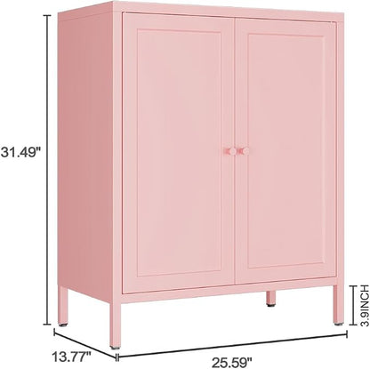 Metal Accent Storage Cabinet for Home,LivingRoom, Office,Kitchen- Metal Locker Cabinet with 1 Adjustable Shelves-Bathroom Floor Storage Cabinet Freestanding Organizer(Square Door, Pink)