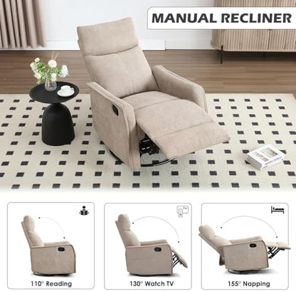 Trustyue Swivel Rocker Recliner Chair, 360° Swivel Recliner with Heat and Massage, Rocker Recliner Nursery Glider Chair with Side Pockets for Living Room (Khaki, Fabric)