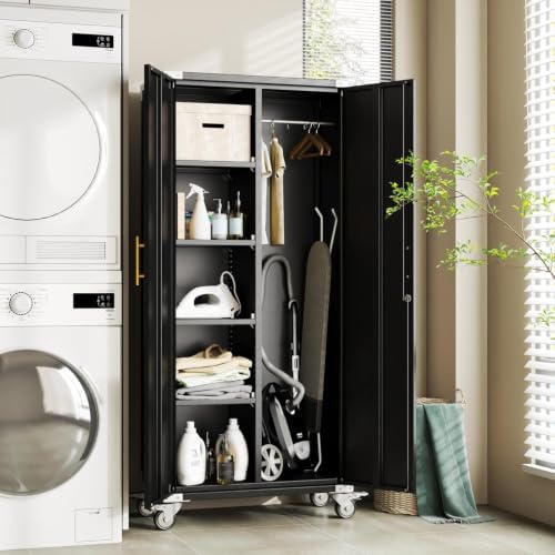 Broom Closet Storage Cabinet with Rolling, Metal Cleaning Cabinets with Hanging Rod and S-Hooks, Lockable Tool Cabinets, Utility Cabinet for Garden, Office, Laundry Room,Garage, Black