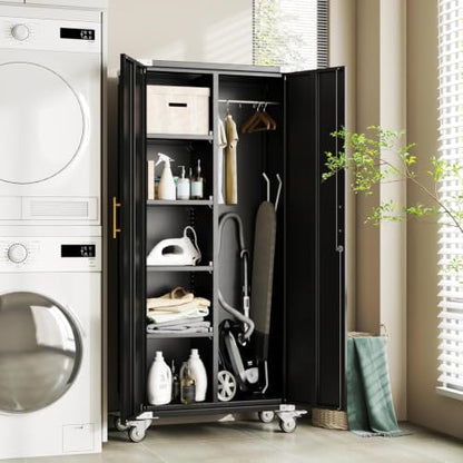 Broom Closet Storage Cabinet with Rolling, Metal Cleaning Cabinets with Hanging Rod and S-Hooks, Lockable Tool Cabinets, Utility Cabinet for Garden, Office, Laundry Room,Garage, Black