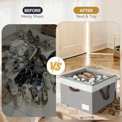 Shoe Organizer for Closet, 2 Pack Foldable Shoe Storage Organizer Box Bin with Adjustable Dividers and Clear Cover, Closet Shoe Storage for Sneakers Sandals Boots, Fit 16-32 Pairs, Gray