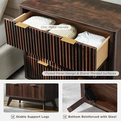 T4TREAM 32" Fluted 3 Drawer Dresser for Bedroom, Dark Walnut