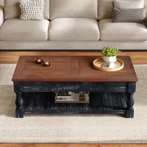 47" Farmhouse Lift Top Coffee Table with Storage, Solid Wood + MDF Center Table with Walnut Brown Top & Antique Black Base, Rustic Two-Tier Rectangular Coffee Table for Living Room
