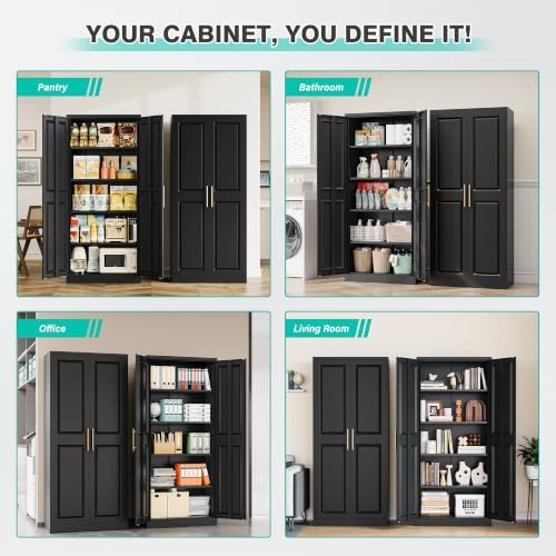 SISESOL 71" Tall Storage Cabinet with 2 Door and 5 Shelves, Wide & Deep Kitchen Pantry Cabinet,Black Metal Cabinets,Large Cupboard for Home,Kitchen,Laundry