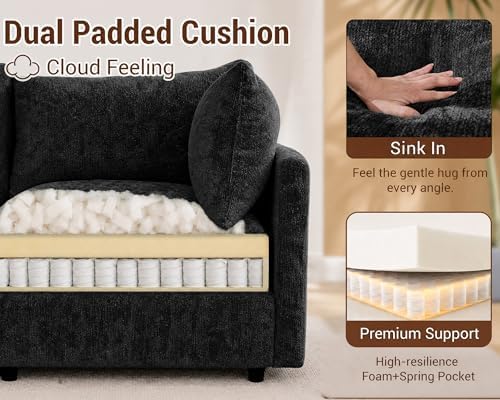 97" Cloud Couch Sectional Sofas for Living Room, U Shape Modular Cloud Sofa with Movable Ottoman, Chenille Comfy Couches 5 Deep Seats for Apartment, Office, Bedroom, Black