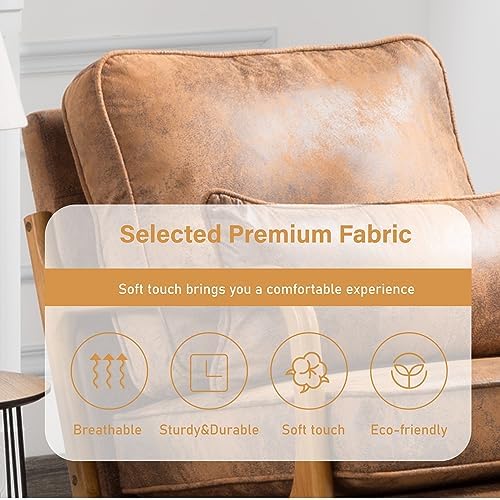 Accent Chair with Cushion, Mid-Century Modern Upholstered Single Reading Armchair with Comfy Leather + Solid Wood Frame for Living Room, Bedroom, Lounge, Balcony (Brown)