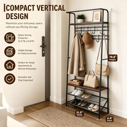 IDEALHOUSE Hall Tree with Bench and Shoe Storage, 4-in-1 Entryway Organizer