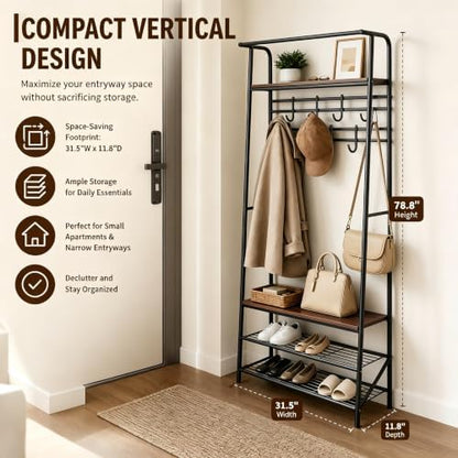IDEALHOUSE Hall Tree with Bench and Shoe Storage, 4-in-1 Entryway Organizer