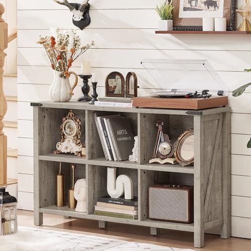 Joaxswe Farmhouse 6 Cube Bookshelf, Rustic Grey Oak Wooden Storage Organizer Book Shelf, 47 Inch Cubby Hallway Bookcase, Kids Toy Storage Cabinet, Modern Open Book Case for Living Room, Hallway