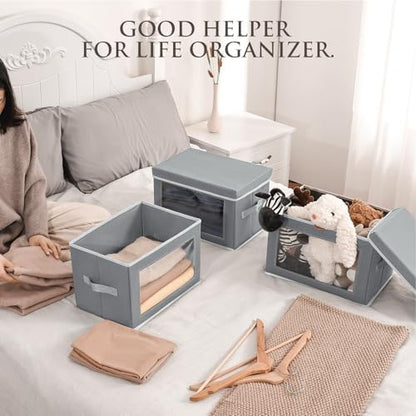 Stackable Storage Bins with Lids - Medium Storage Box with Lids, Foldable Closet Boxes for Organizing, Wardrobe Clothes Organizer with Window, Cubes Bins for Living Room, 5 Pack, Grey