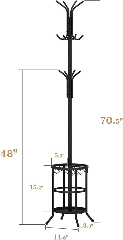 Coat Rack Freestanding with Umbrella Holder – Metal Hanger Stand, Hall Tree with 12 Hooks, Entryway Organizer for Hats, Bags, and Clothes (Black)
