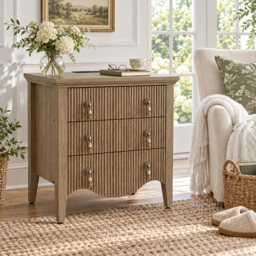 Fluted Nightstand with Charging Station & 3 Drawers,Dresser,Light Oak