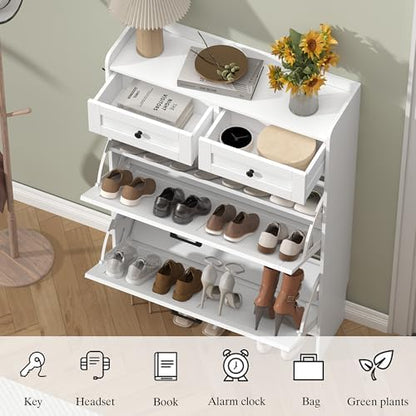 Thacuok White Shoe Cabinet with 2 Flip Drawers & 2 Storage Drawers, Rustic Farmhouse Narrow Shoe Organizer Cabinet, Slim Shoe Rack Cabinet, Shoe Storage Cabinet for Entryway, Hallway, Front Door
